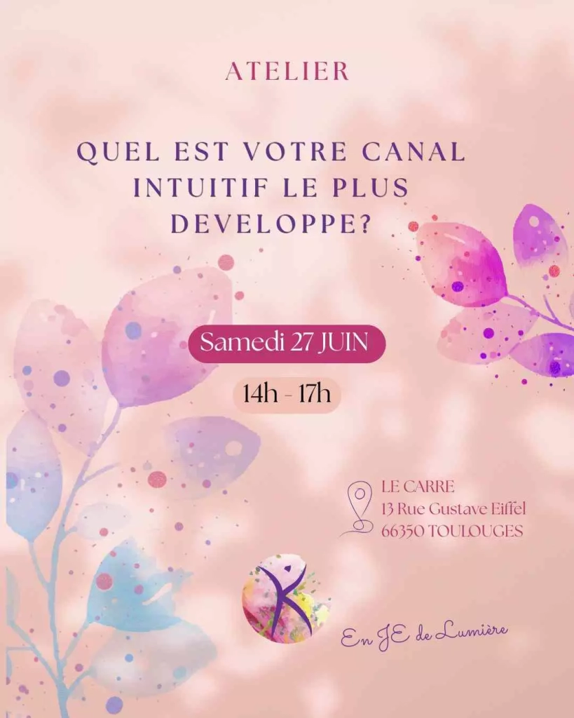 Affiche de l’atelier « Quel est votre canal intuitif le plus développé ? » animé par Karine Bonneau Hernandez au Carré à Toulouges.